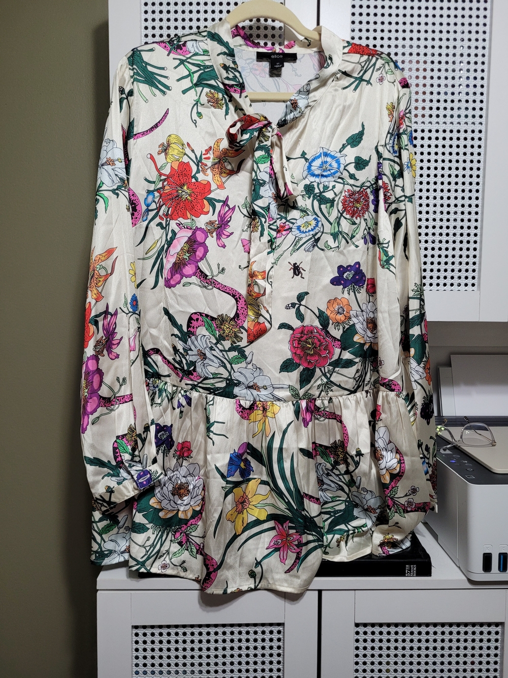 ellos Cream Floral Tie-Neck Peplum Top with Colorful Garden Print